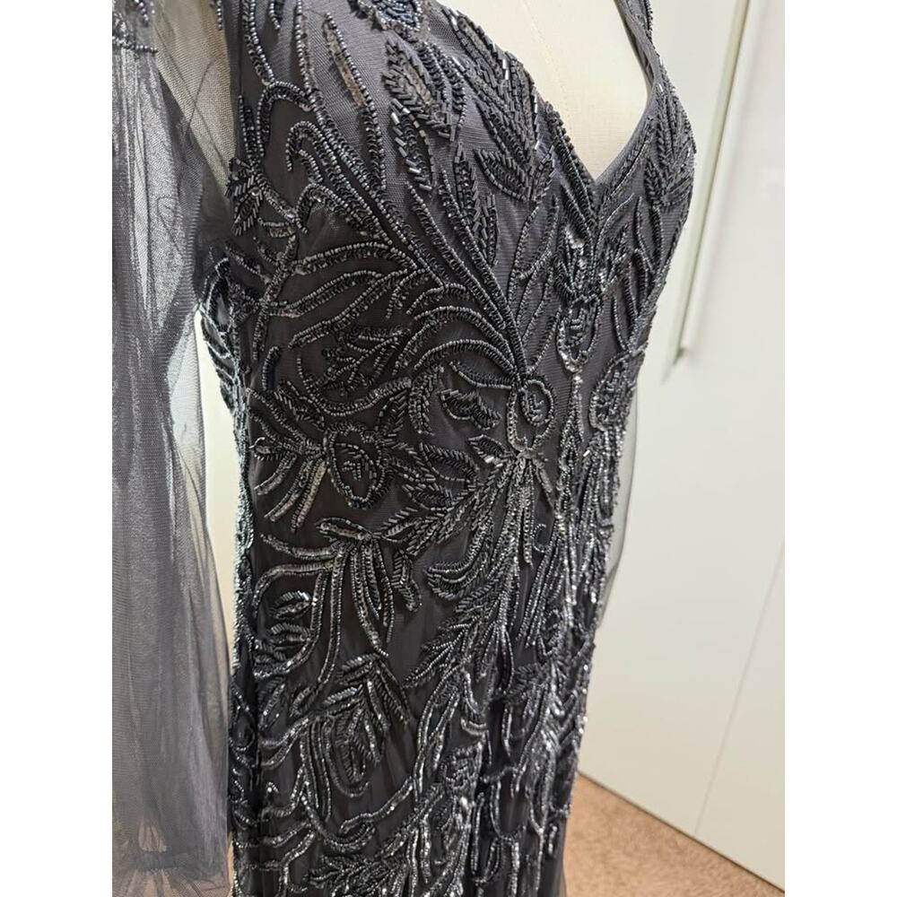 MGNY Beaded Formal Gown Charcoal Gray Sheer Sleeves NWT Size 12